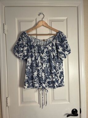 White Off-Shoulder Blouse with Navy Paisley Print